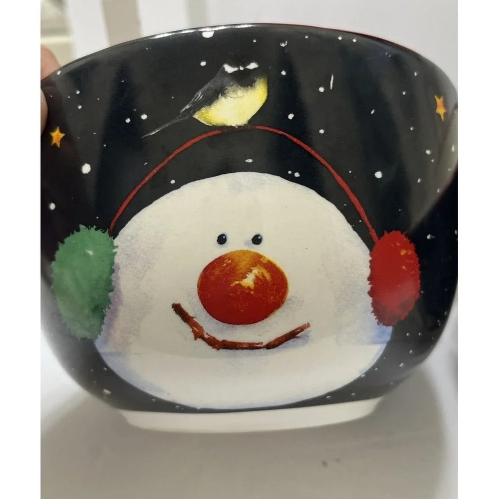 Christmas Snowman Bowls Ceramic Set Of 4 Black Background Multicolor 3.75x5.5